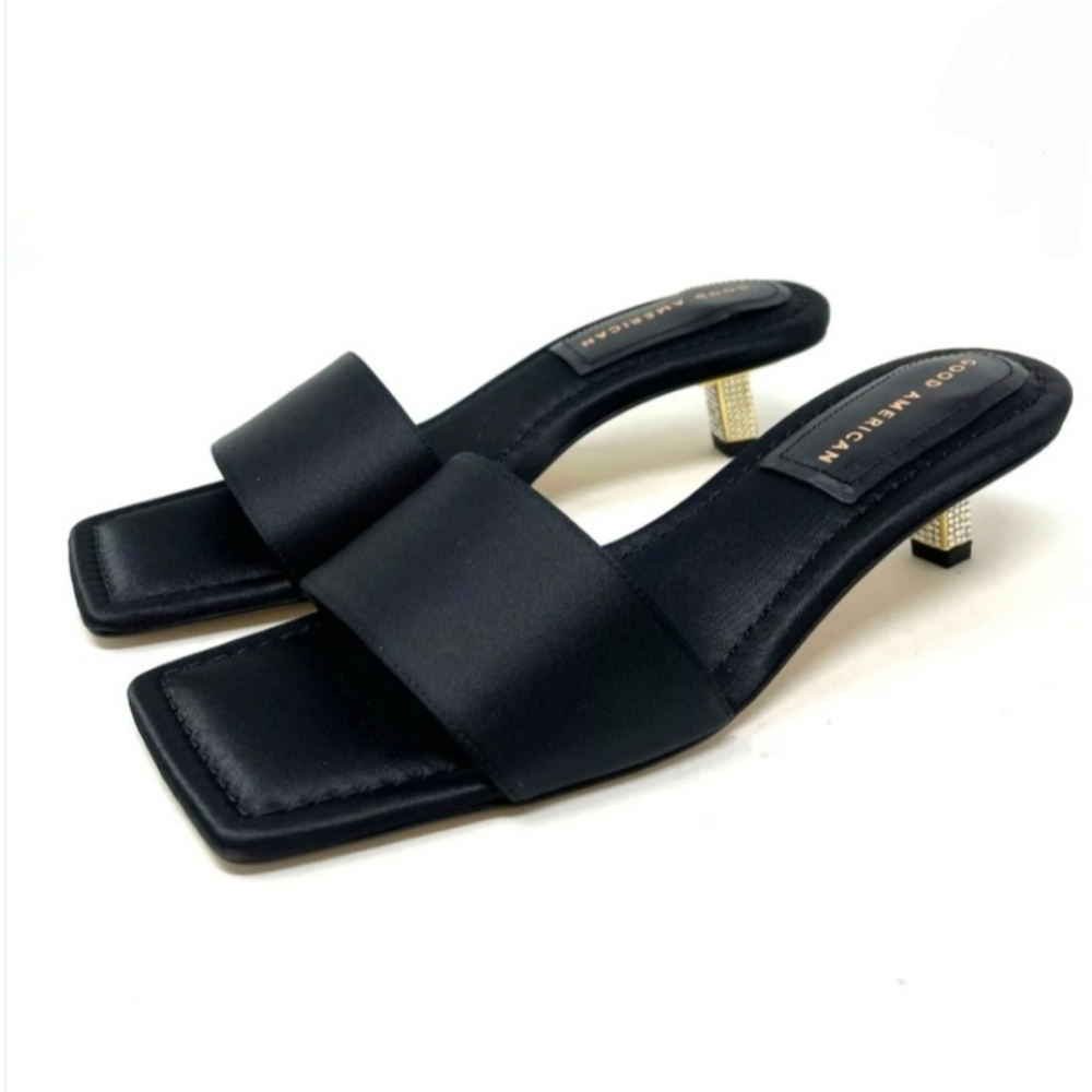 GOOD American Kickstand Slide Mule Sandal In Black Satin - Picture 1 of 13